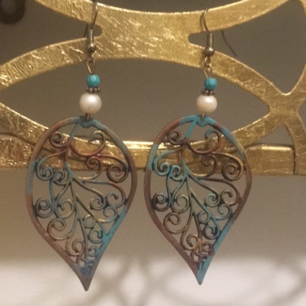 Copper Turquoise Large Lightweight Leaf Earrings - image 1